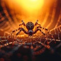 Natures drama spider crawls on a dewy web at sunset Royalty Free Stock Photo
