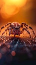 Natures drama spider crawls on a dewy web at sunset Royalty Free Stock Photo