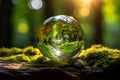 Natures embrace Earth sphere crystal bathed in sunlight on moss