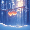 Natures embrace Two hearts on a branch in a snowy forest