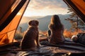 Natures embrace woman and dog find joy in tent, outdoors