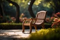 Natures embrace wooden chair amid gardens blur, inviting relaxation