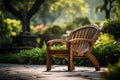 Natures embrace wooden chair amid gardens blur, inviting relaxation