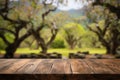 Natures embrace wooden table against a softly blurred park backdrop