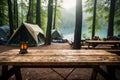 Natures haven Forest camping scene with a wooden table backdrop