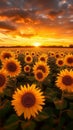 Natures masterpiece Sunflower field, dramatic sunset sky, captivating beauty Royalty Free Stock Photo