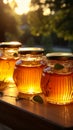 Natures riches showcased on wooden table golden honey jars in open air