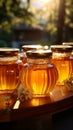 Natures riches showcased on wooden table golden honey jars in open air
