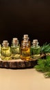 Natures scents Coniferous essential oils in small glass bottles showcased