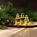 Natures scents Coniferous essential oils in small glass bottles showcased