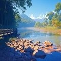 Natures serenity Lake bridge with a peaceful and zen atmosphere Royalty Free Stock Photo