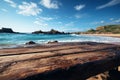 Natures stage Blurred sea island backdrop frames wooden table under azure sky