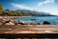 Natures stage Blurred sea island backdrop frames wooden table under azure sky