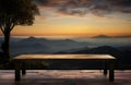 Natures tableau wooden table framed by sunset, sky, tree, mountains Royalty Free Stock Photo