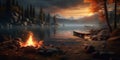 Natures Tranquility Serene Lake Landscape with a Glowing Campfire. Generative AI