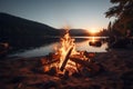 Natures warmth Bonfire campfire by the lake in an outdoor landscape