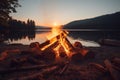 Natures warmth Bonfire campfire by the lake in an outdoor landscape