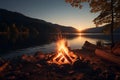 Natures warmth Bonfire campfire by the lake in an outdoor landscape