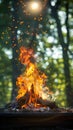 Natures warmth Campfire burning brightly against lush green backdrop