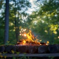 Natures warmth Campfire burning brightly against lush green backdrop