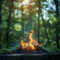 Natures warmth Campfire burning brightly against lush green backdrop