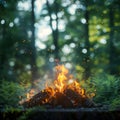 Natures warmth Campfire burning brightly against lush green backdrop