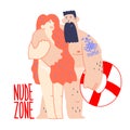Naturist beach. Nude zone. Resort for nudists community. Couple without swimwear. Naked people relaxing on sea in summer