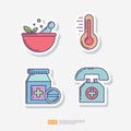 Naturopathic medicine, heat thermometer, medical pill bottle, emergency medical call support. Medical and health sticker set icon