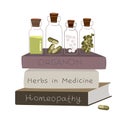 Naturopathy and homopathy treatment and medical books, herbal alternative medicine design concept icon, naturopathic