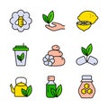 Naturopathy Therapy Vector Color Icons Set. Naturopathy Medication Pictograms. Alternative Medicine Illustrations