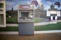 Natwest Bank atm cash machine showing company sign, logo and branding inside high street branch