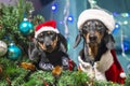 Naughty adult dachshund dog and restless puppy in Santa costumes have filled up artificial Christmas tree decorated with Royalty Free Stock Photo