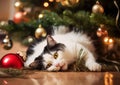 Naughty black and white cat resting under a Christmas tree, with a fallen red bauble and pine needles on the floor Royalty Free Stock Photo