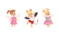 Naughty Boy with Devil Horn and Obedient Little Girl in Neat Dress with Angel Wings Vector Set