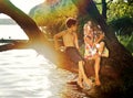 Naughty boy and girl sitting on a branch over water, laughing, having fun talking Royalty Free Stock Photo