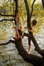 Naughty boy and girl sitting on a branch over water, laughing, having fun talking Royalty Free Stock Photo