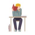 Naughty Boy Sitting At School Desk and Eating Cake Hiding Behind Copybook Vector Illustration