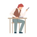 Naughty Boy Sitting At School Desk Holiding Smartphone During Lesson Vector Illustration