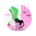 Naughty cat at home. Cat climbs into a plant pot. Disobedient cat. Doodle on white background. Funny cartoon illustration