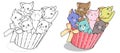 Naughty cats in cup cake with bow cartoon coloring page for kids