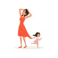 Naughty daughter holding her tired mother for the dress, parenting stress concept, relationship between children and
