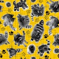 Naughty funny kittens, Seamless pattern for fabric, stationery, notebooks, gray watercolor kittens play on a yellow background