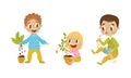 Naughty Girl and Boy Eating Noodle with Hands and Uprooting Plants Vector Illustration Set