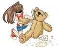 A naughty girl is destroying a teddy bear aggressi Royalty Free Stock Photo