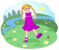 Naughty girl with pigtails dancing on the forest glade. Sunny clear day in the woods. Flowers and berries. Vector. Royalty Free Stock Photo