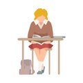 Naughty Girl Sitting At School Desk and Reading Book Vector Illustration Royalty Free Stock Photo