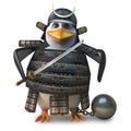 Naughty Japanese samurai penguin is wearing a ball and chain, 3d illustration