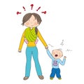 Naughty jealous little boy crying, fighting mother`s attention.