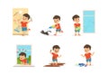 Naughty Little Boy Playing Games and Making Mess Around Vector Set