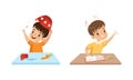 Naughty Little Boy Putting Bowl on His Head and Flying Paper Plane Vector Set Royalty Free Stock Photo